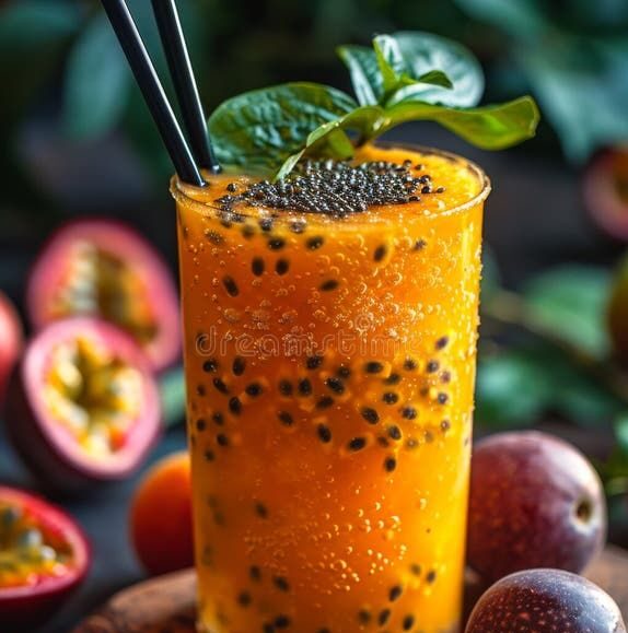Passion fruit smoothie or juice in glass with fresh passion fruit and straws on wooden b